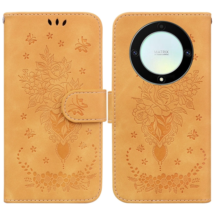 For Honor X9a Butterfly Rose Embossed Leather Phone Case