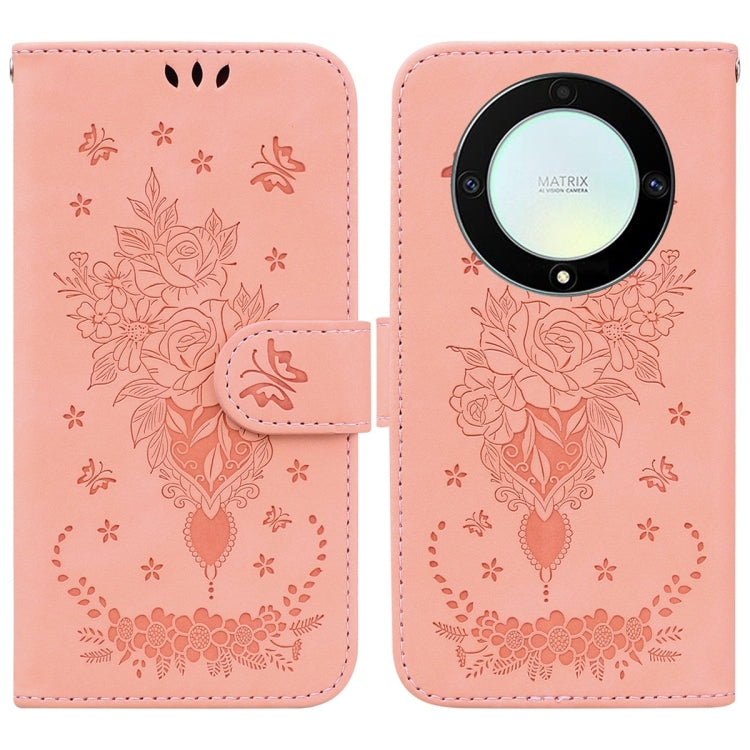 For Honor X9a Butterfly Rose Embossed Leather Phone Case