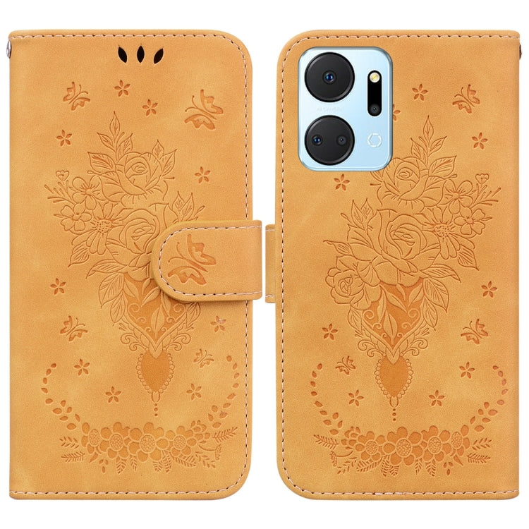 For Honor X7a Butterfly Rose Embossed Leather Phone Case