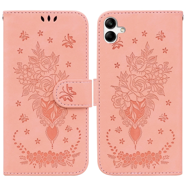 For Samsung Galaxy A04e / F04 / M04 Butterfly Rose Embossed Leather Phone Case