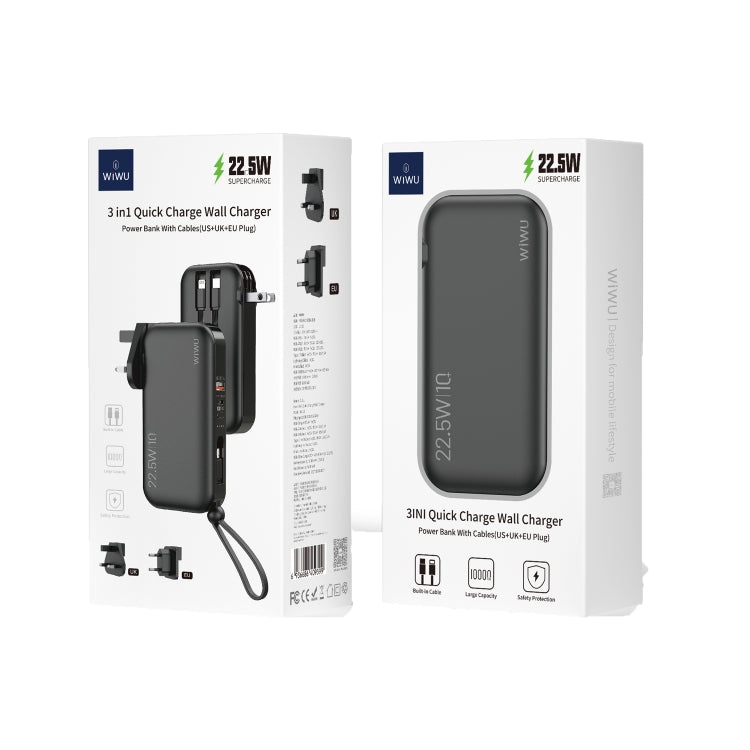 WIWU JC-23 22.5W 10000mAH Power Bank Charger with Cable, Plug Specifications: US/UK/EU Plug(Black)
