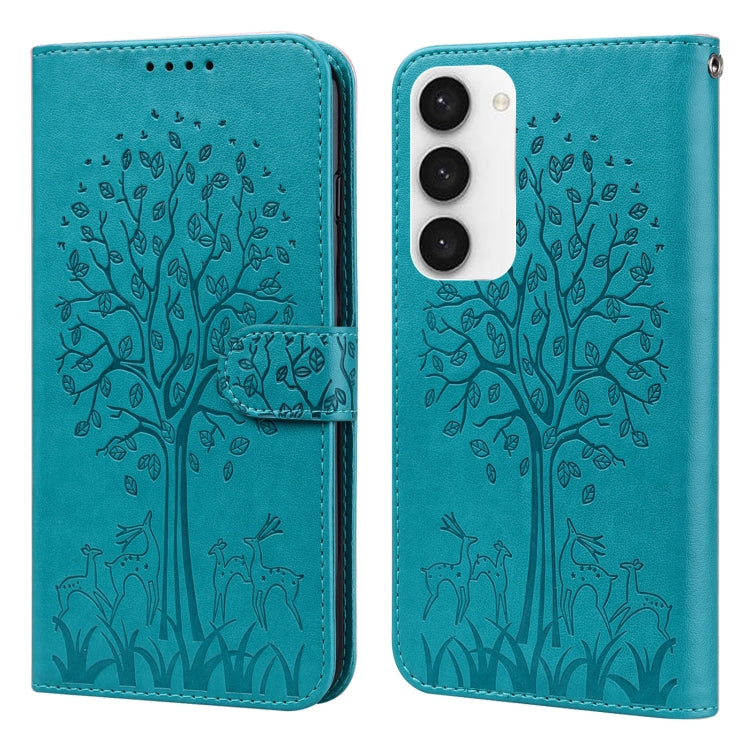 For Samsung Galaxy S23 5G Tree & Deer Pattern Pressed Printing Horizontal Flip Leather Phone Case