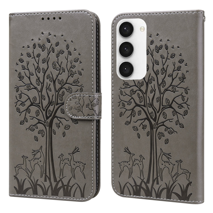 For Samsung Galaxy S23 5G Tree & Deer Pattern Pressed Printing Horizontal Flip Leather Phone Case