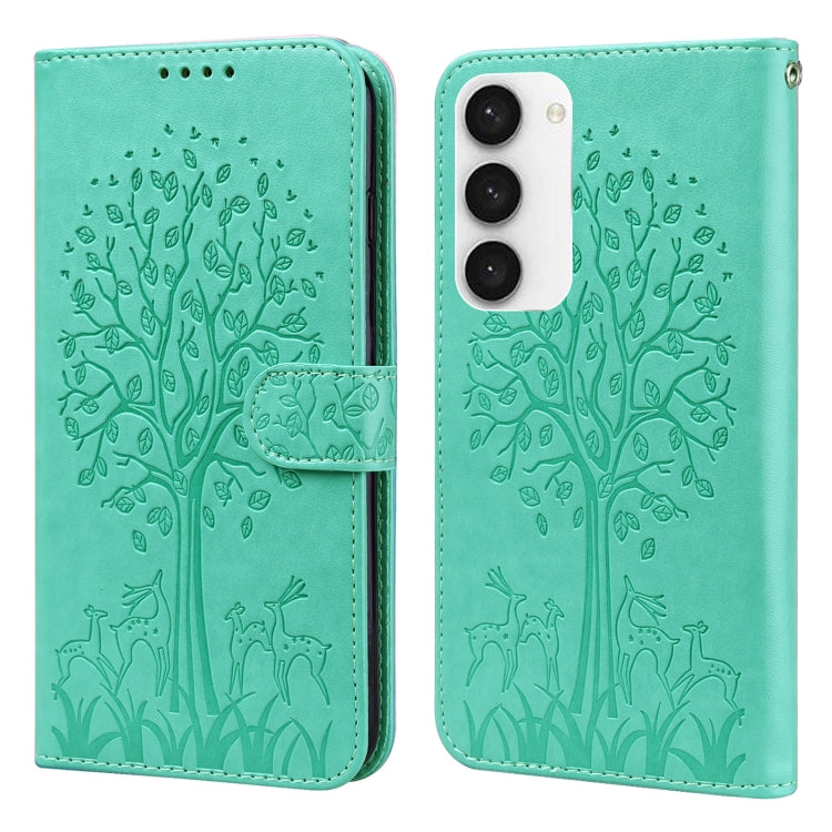 For Samsung Galaxy S23 5G Tree & Deer Pattern Pressed Printing Horizontal Flip Leather Phone Case