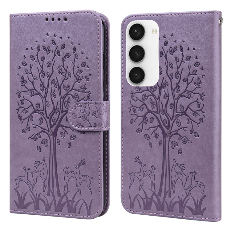 For Samsung Galaxy S23 5G Tree & Deer Pattern Pressed Printing Horizontal Flip Leather Phone Case