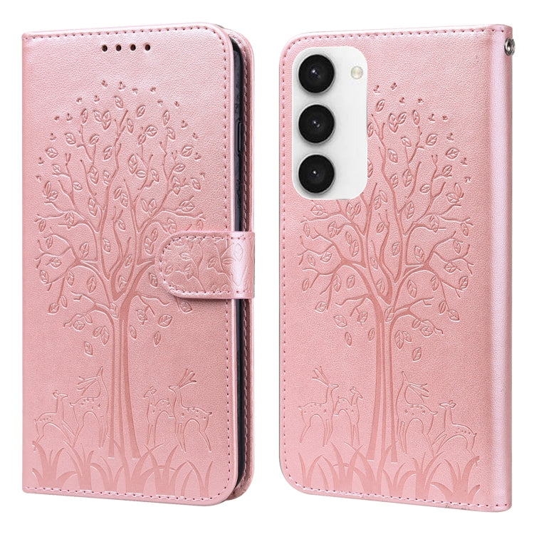 For Samsung Galaxy S23 5G Tree & Deer Pattern Pressed Printing Horizontal Flip Leather Phone Case