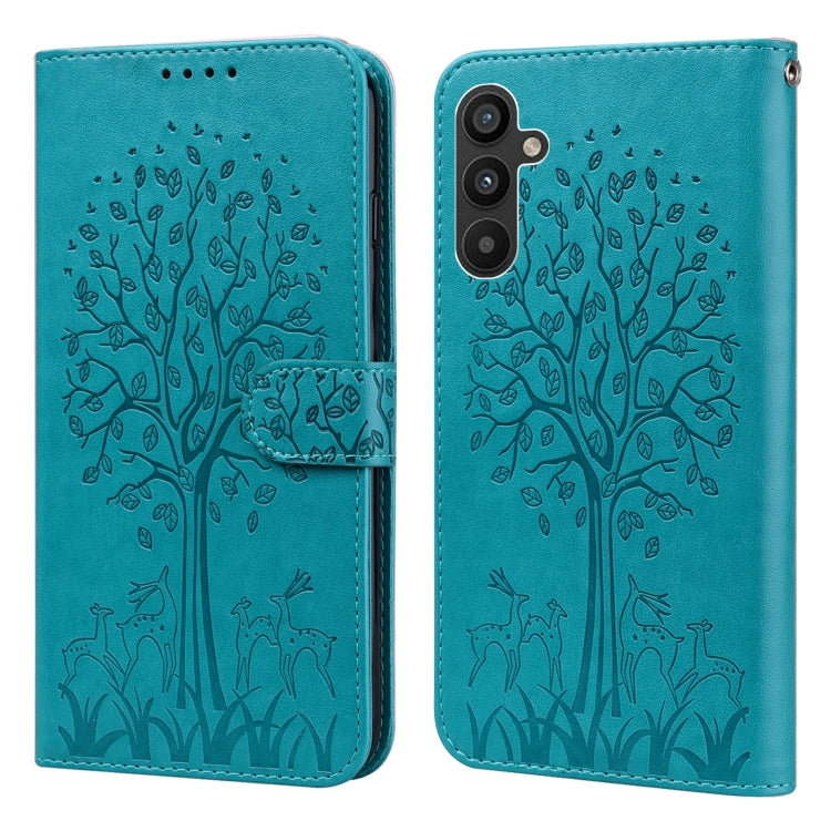 For Samsung Galaxy A34 5G Tree & Deer Pattern Pressed Printing Horizontal Flip Leather Phone Case