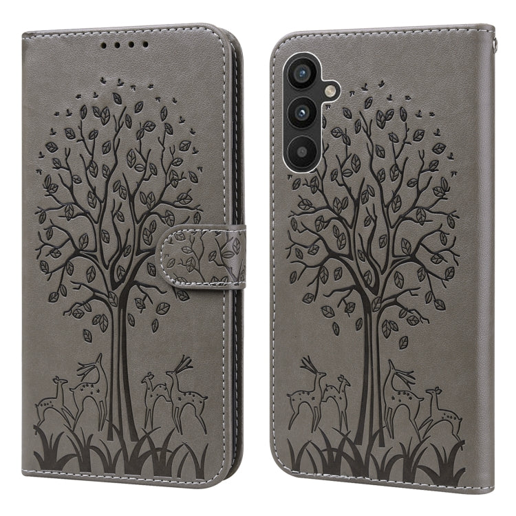 For Samsung Galaxy A34 5G Tree & Deer Pattern Pressed Printing Horizontal Flip Leather Phone Case