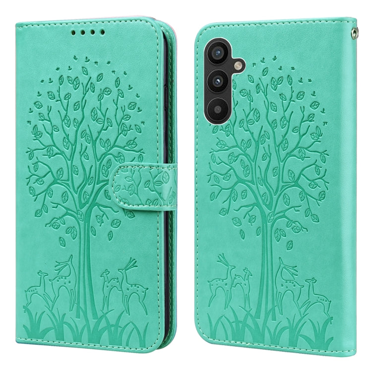 For Samsung Galaxy A34 5G Tree & Deer Pattern Pressed Printing Horizontal Flip Leather Phone Case