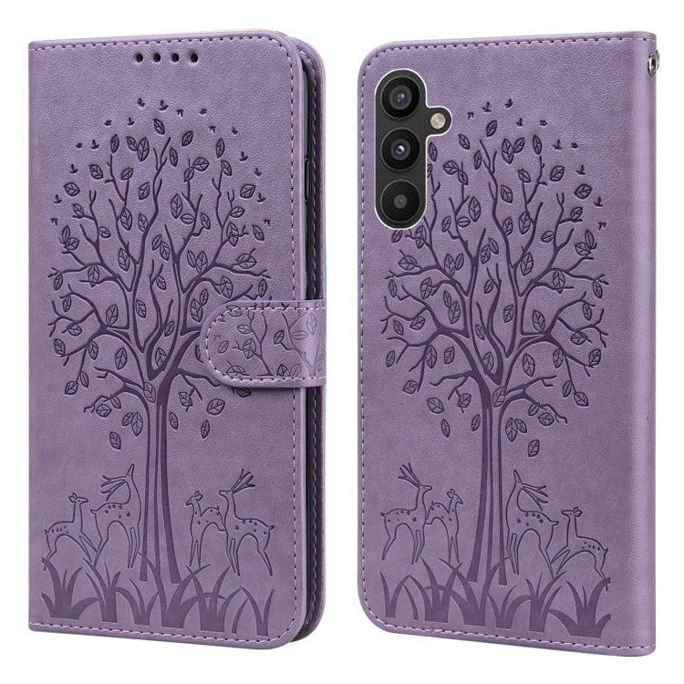 For Samsung Galaxy A34 5G Tree & Deer Pattern Pressed Printing Horizontal Flip Leather Phone Case