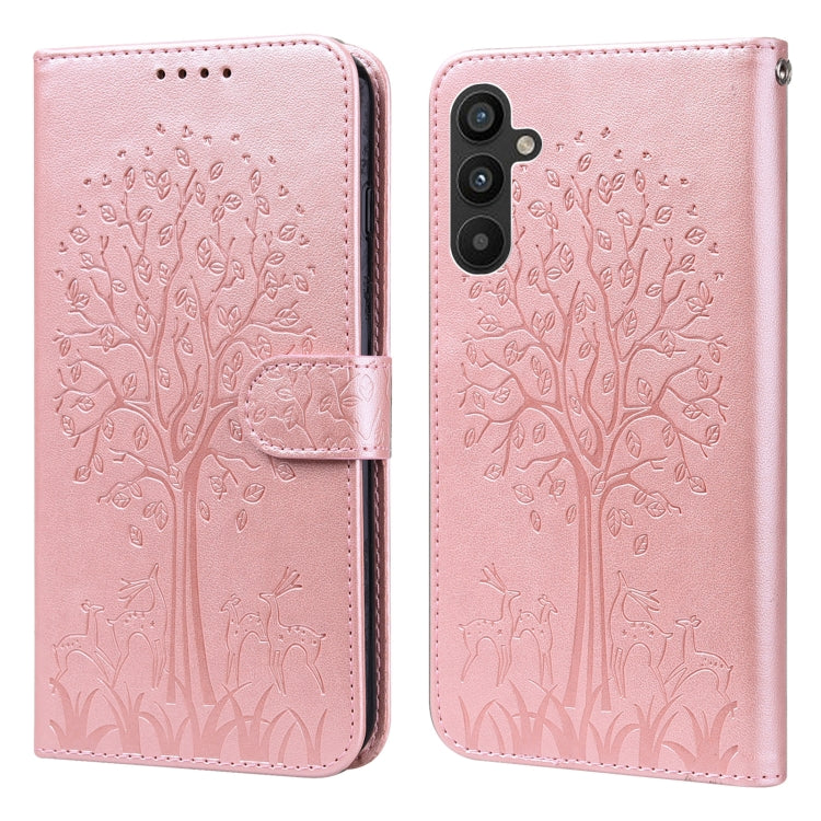 For Samsung Galaxy A34 5G Tree & Deer Pattern Pressed Printing Horizontal Flip Leather Phone Case