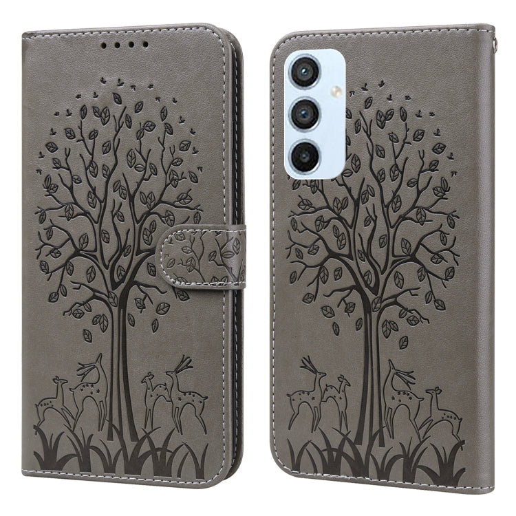 For Samsung Galaxy A54 5G Tree & Deer Pattern Pressed Printing Horizontal Flip Leather Phone Case
