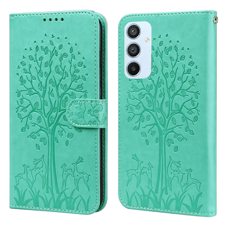 For Samsung Galaxy A54 5G Tree & Deer Pattern Pressed Printing Horizontal Flip Leather Phone Case
