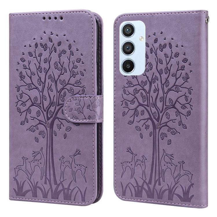 For Samsung Galaxy A54 5G Tree & Deer Pattern Pressed Printing Horizontal Flip Leather Phone Case