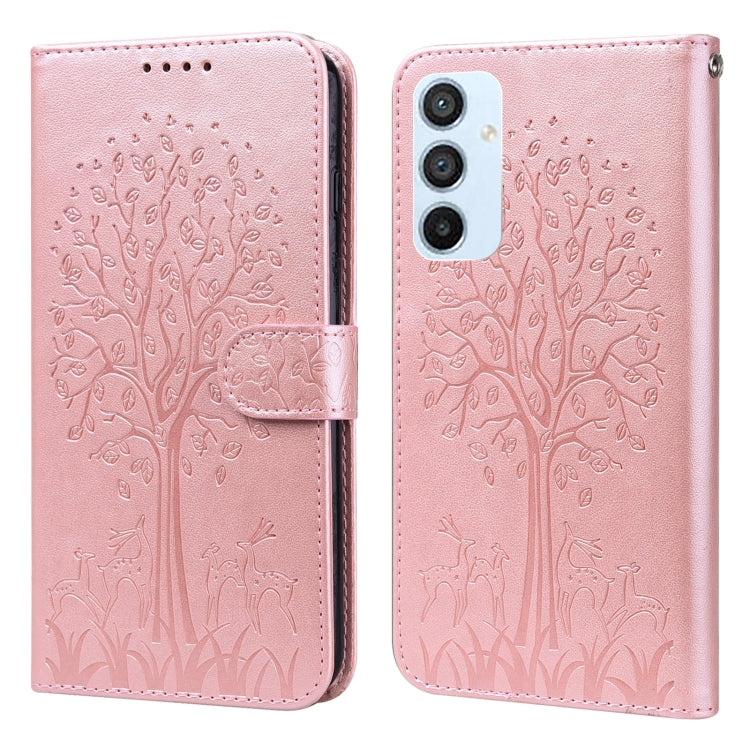 For Samsung Galaxy A54 5G Tree & Deer Pattern Pressed Printing Horizontal Flip Leather Phone Case