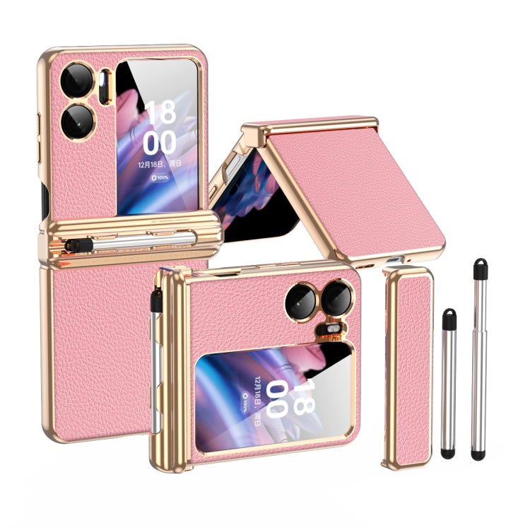 For OPPO Find N2 Flip Litchi Texture Leather Hinged Electroplated Phone Case with Pen