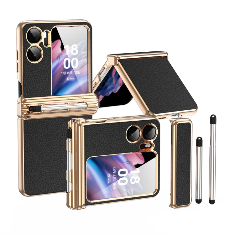 For OPPO Find N2 Flip Litchi Texture Leather Hinged Electroplated Phone Case with Pen