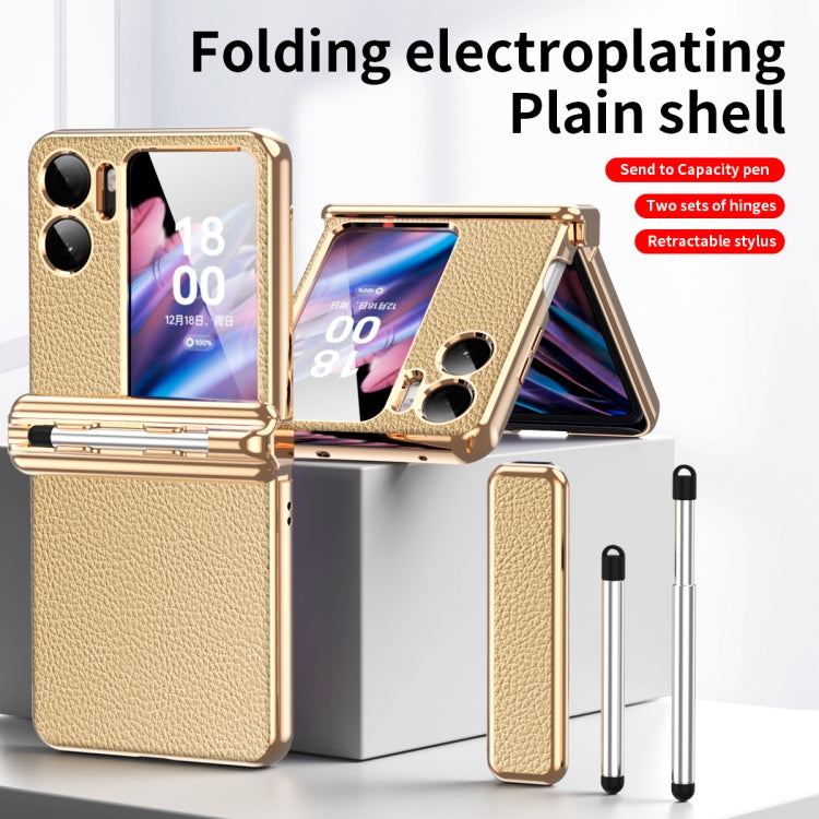 For OPPO Find N2 Flip Litchi Texture Leather Hinged Electroplated Phone Case with Pen