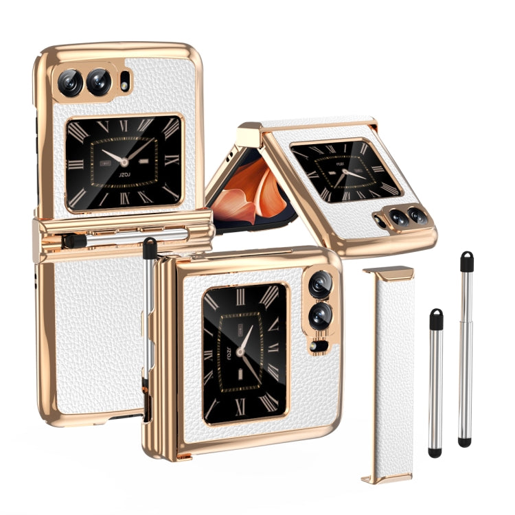 For Motorola Razr 2022 Foldable Electroplated Plain Leather Phone Case with Stylus