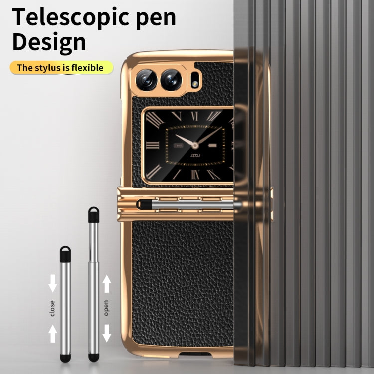 For Motorola Razr 2022 Foldable Electroplated Plain Leather Phone Case with Stylus