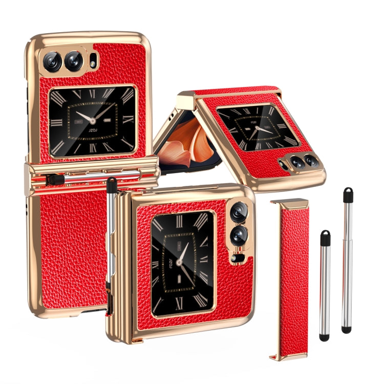 For Motorola Razr 2022 Foldable Electroplated Plain Leather Phone Case with Stylus
