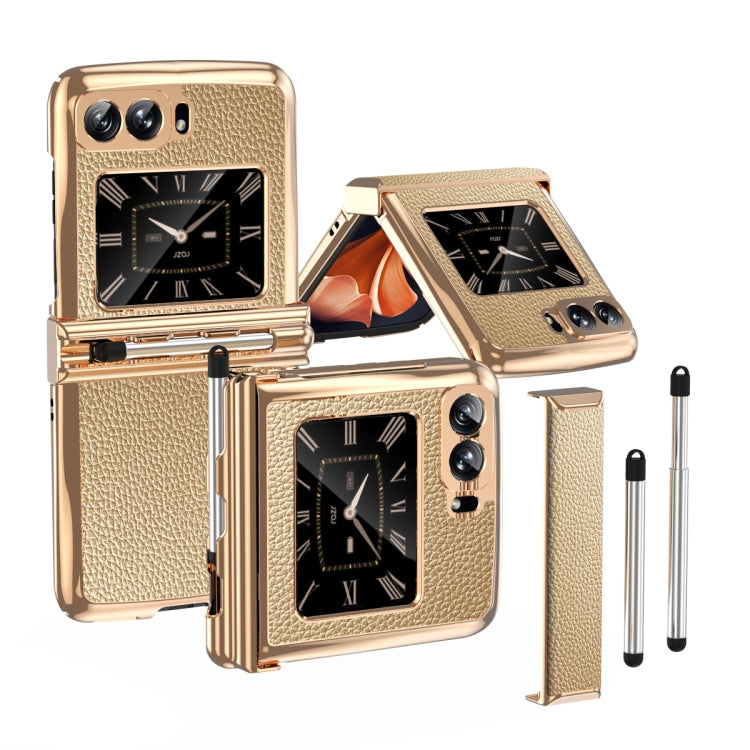 For Motorola Razr 2022 Foldable Electroplated Plain Leather Phone Case with Stylus
