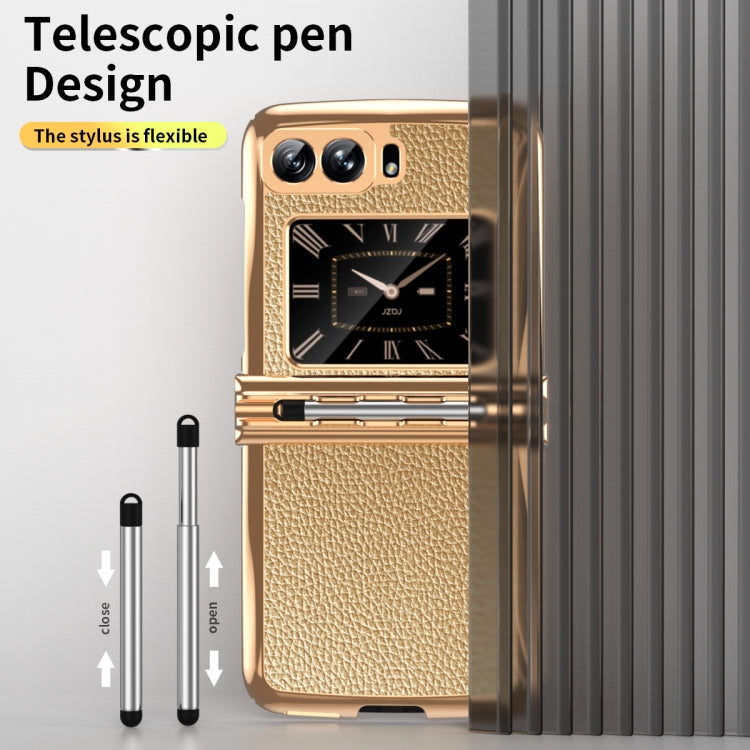 For Motorola Razr 2022 Foldable Electroplated Plain Leather Phone Case with Stylus