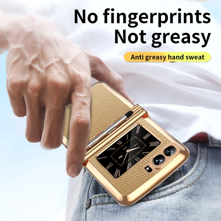 For Motorola Razr 2022 Foldable Electroplated Plain Leather Phone Case with Stylus