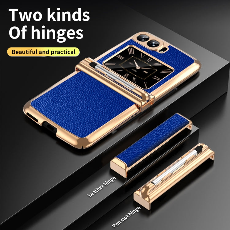 For Motorola Razr 2022 Foldable Electroplated Plain Leather Phone Case with Stylus