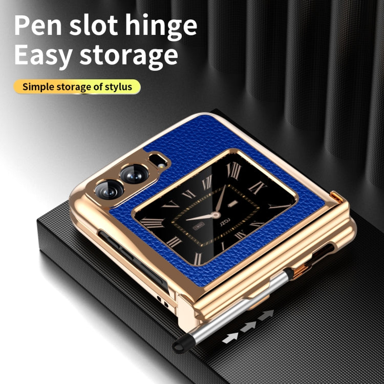 For Motorola Razr 2022 Foldable Electroplated Plain Leather Phone Case with Stylus