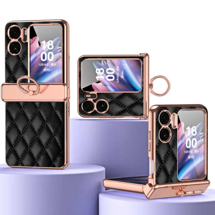 For OPPO Find N2 Flip Rhombus Pattern Electroplated Plain Leather Magnetic Ring Phone Case with Protective Film