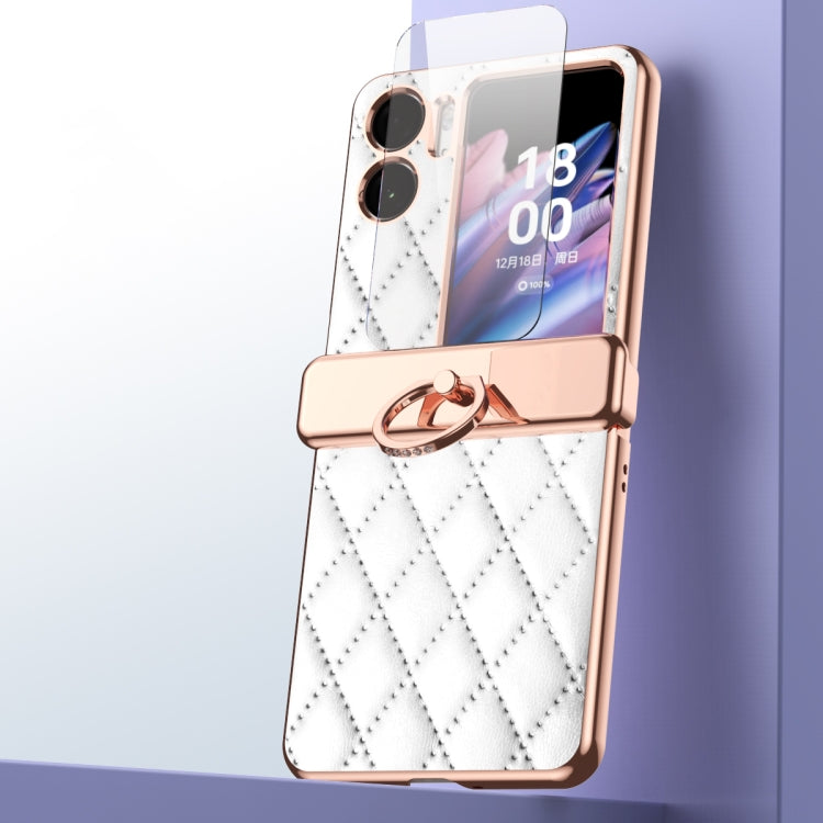 For OPPO Find N2 Flip Rhombus Pattern Electroplated Plain Leather Magnetic Ring Phone Case with Protective Film