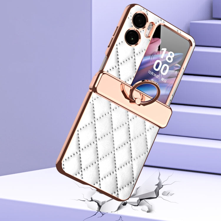 For OPPO Find N2 Flip Rhombus Pattern Electroplated Plain Leather Magnetic Hinge Phone Case with Protective Film