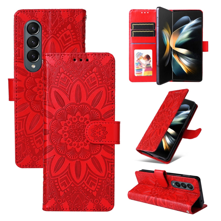 For Samsung Galaxy Z Fold4 5G Embossed Sunflower Leather Phone Case