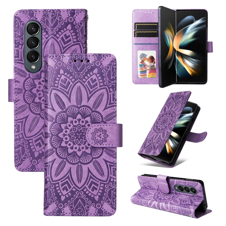 For Samsung Galaxy Z Fold4 5G Embossed Sunflower Leather Phone Case