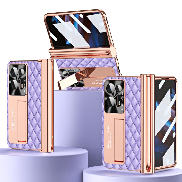 For OPPO Find N2 Rhombus Pattern Electroplated Plain Leather Phone Case with Pen Slot