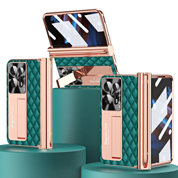 For OPPO Find N2 Rhombus Pattern Electroplated Plain Leather Phone Case with Pen Slot