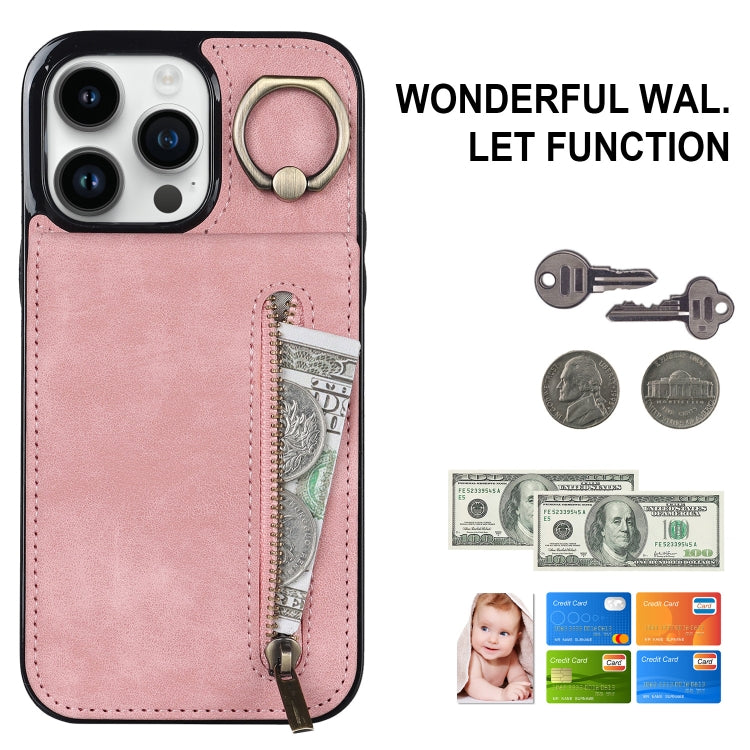 For iPhone 13 Pro Retro Ring and Zipper RFID Card Slot Phone Case
