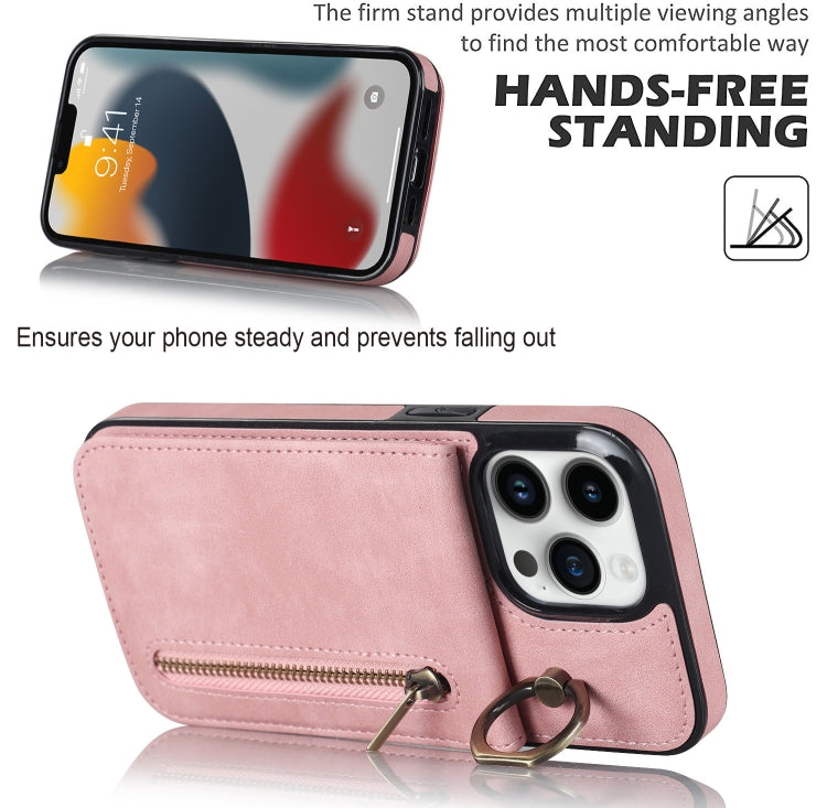 For iPhone 13 Pro Retro Ring and Zipper RFID Card Slot Phone Case