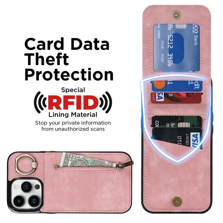 For iPhone 13 Pro Retro Ring and Zipper RFID Card Slot Phone Case