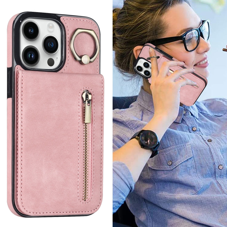 For iPhone 13 Pro Retro Ring and Zipper RFID Card Slot Phone Case
