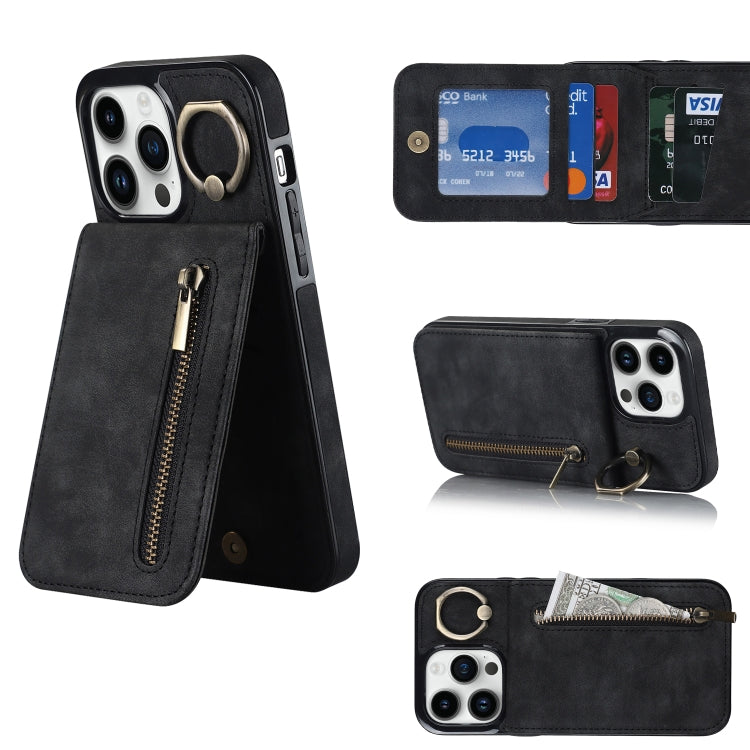 For iPhone 13 Pro Retro Ring and Zipper RFID Card Slot Phone Case