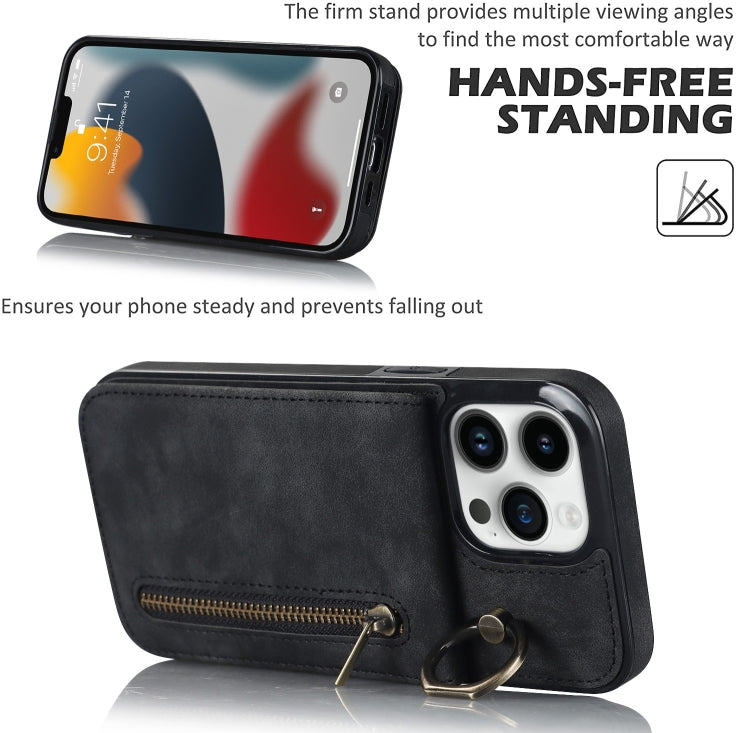 For iPhone 13 Pro Retro Ring and Zipper RFID Card Slot Phone Case