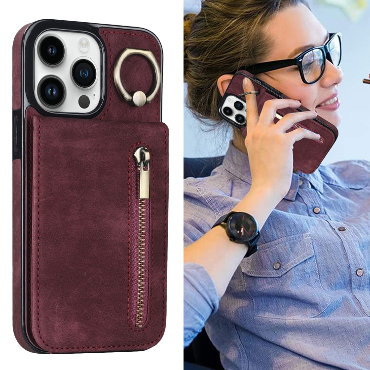 For iPhone 13 Pro Retro Ring and Zipper RFID Card Slot Phone Case