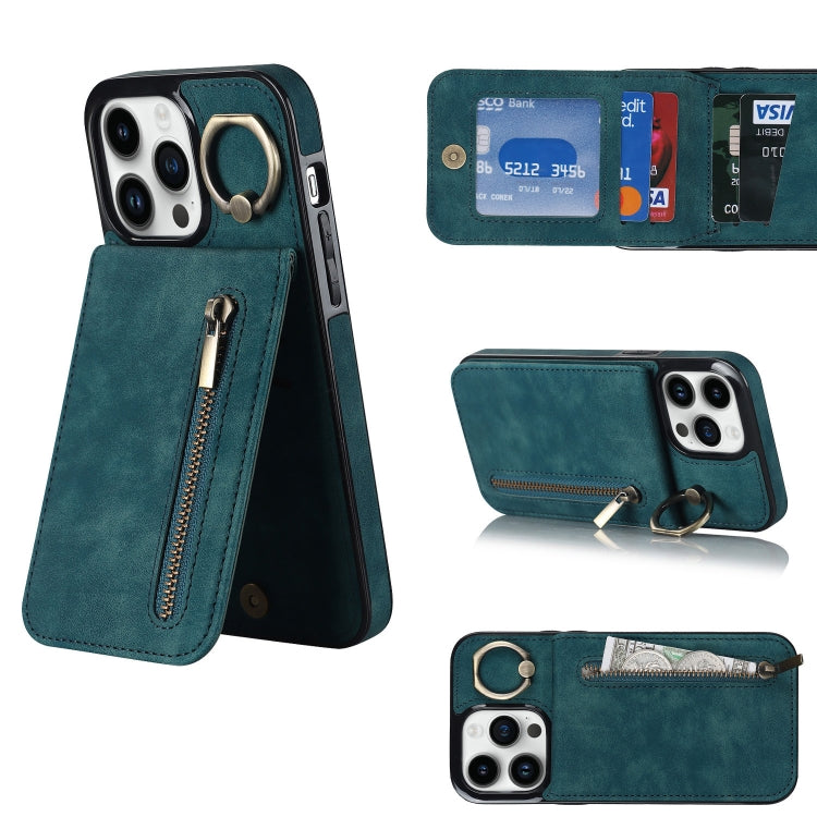 For iPhone 13 Pro Retro Ring and Zipper RFID Card Slot Phone Case