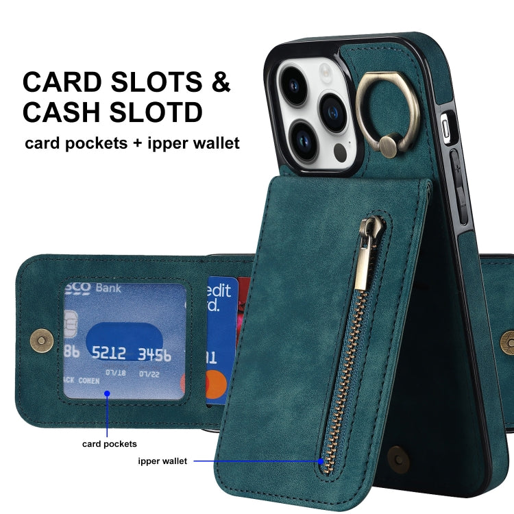 For iPhone 13 Pro Retro Ring and Zipper RFID Card Slot Phone Case