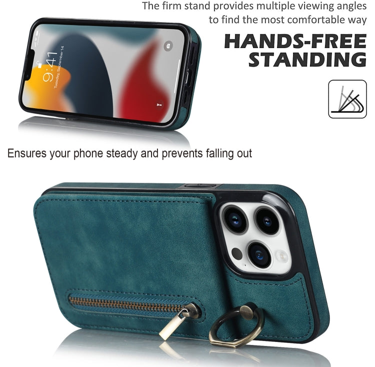 For iPhone 13 Pro Retro Ring and Zipper RFID Card Slot Phone Case