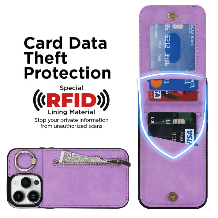 For iPhone 13 Pro Retro Ring and Zipper RFID Card Slot Phone Case