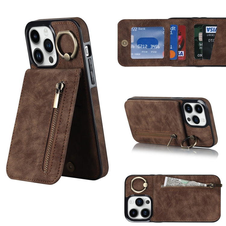 For iPhone 13 Pro Retro Ring and Zipper RFID Card Slot Phone Case