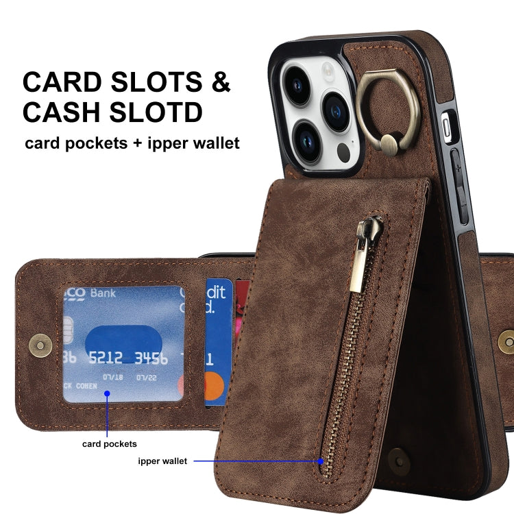 For iPhone 13 Pro Retro Ring and Zipper RFID Card Slot Phone Case